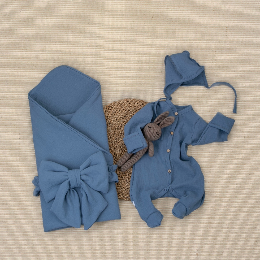 Комплект на выписку 4 предмета "Муслин.Плед", джинс, лето