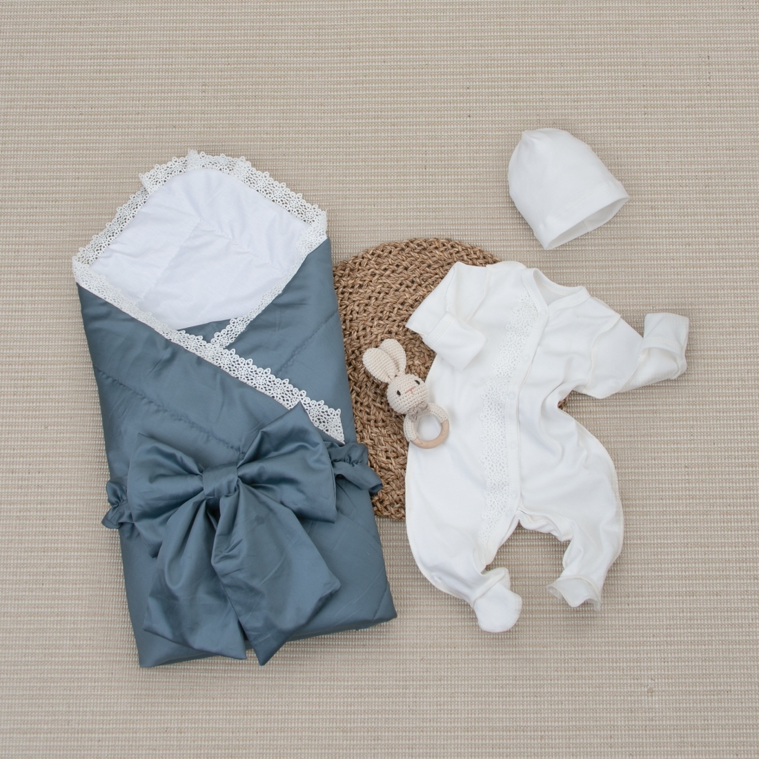 Комплект на выписку 4 предмета "Новый Сатин", деним, лето