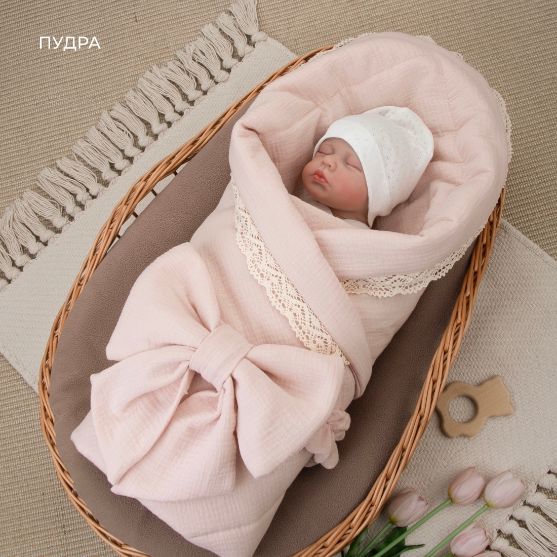 Одеяло-конверт  на выписку 90х90 «Муслин №7», с бантом на резинке летнее