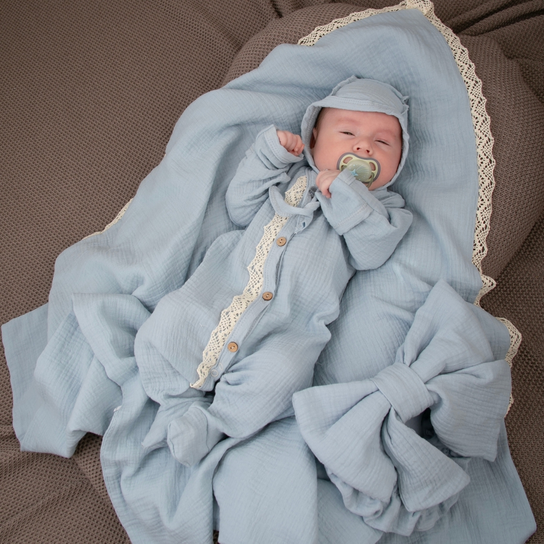 Комплект на выписку 4 предмета "Кружево.Муслин Плед", голубой, лето